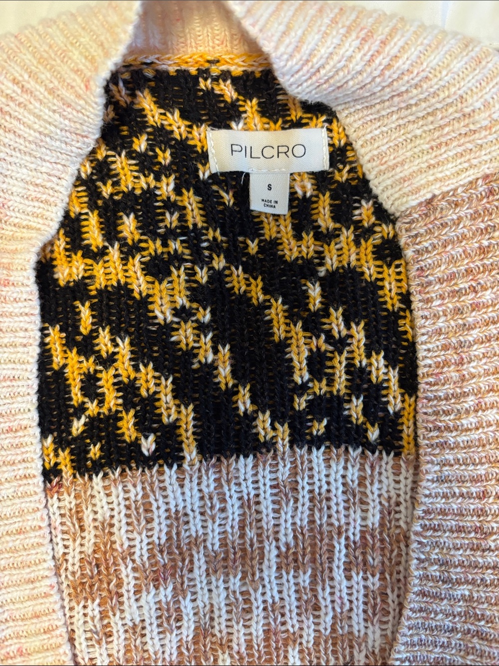 Pilcro Patchwork Patterned Cardigan in Beige, Brown, and Mustard - Picture 2 of 5